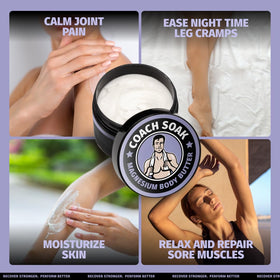 Coach Soak Nighttime Magnesium Body Butter texture close-up shows velvety cream ideal for a soothing massage.
