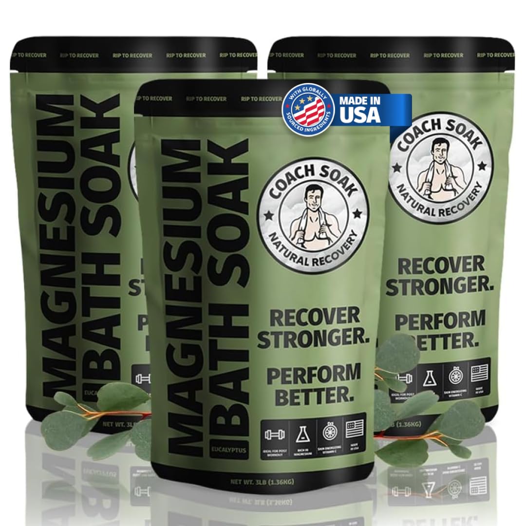 Coach Soak Recovery Bath bottle with magnesium flakes for soothing relaxation.