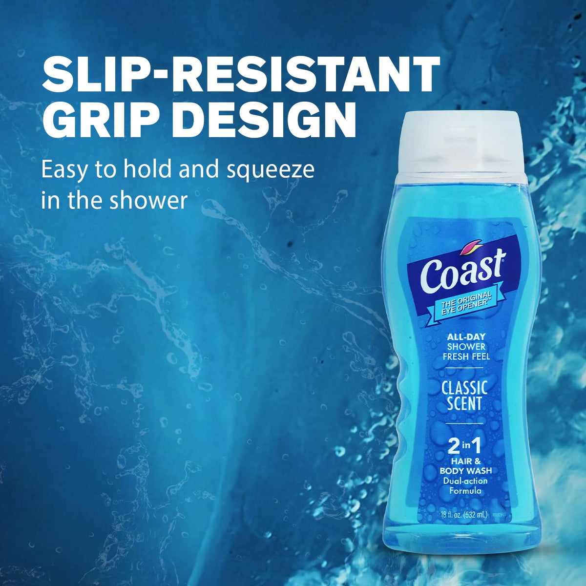 Coast 2-in-1 18 oz bottle shown for long-lasting use.