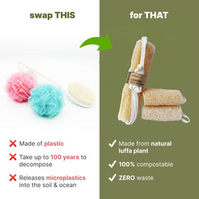 COBA STRAWS loofah set drying on a bathroom rack for air-drying.