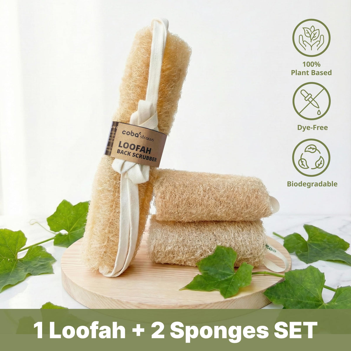 COBA STRAWS loofah sponge close-up shows pure plant fibers for gentle cleansing.