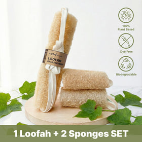 COBA STRAWS loofah sponge close-up shows pure plant fibers for gentle cleansing.