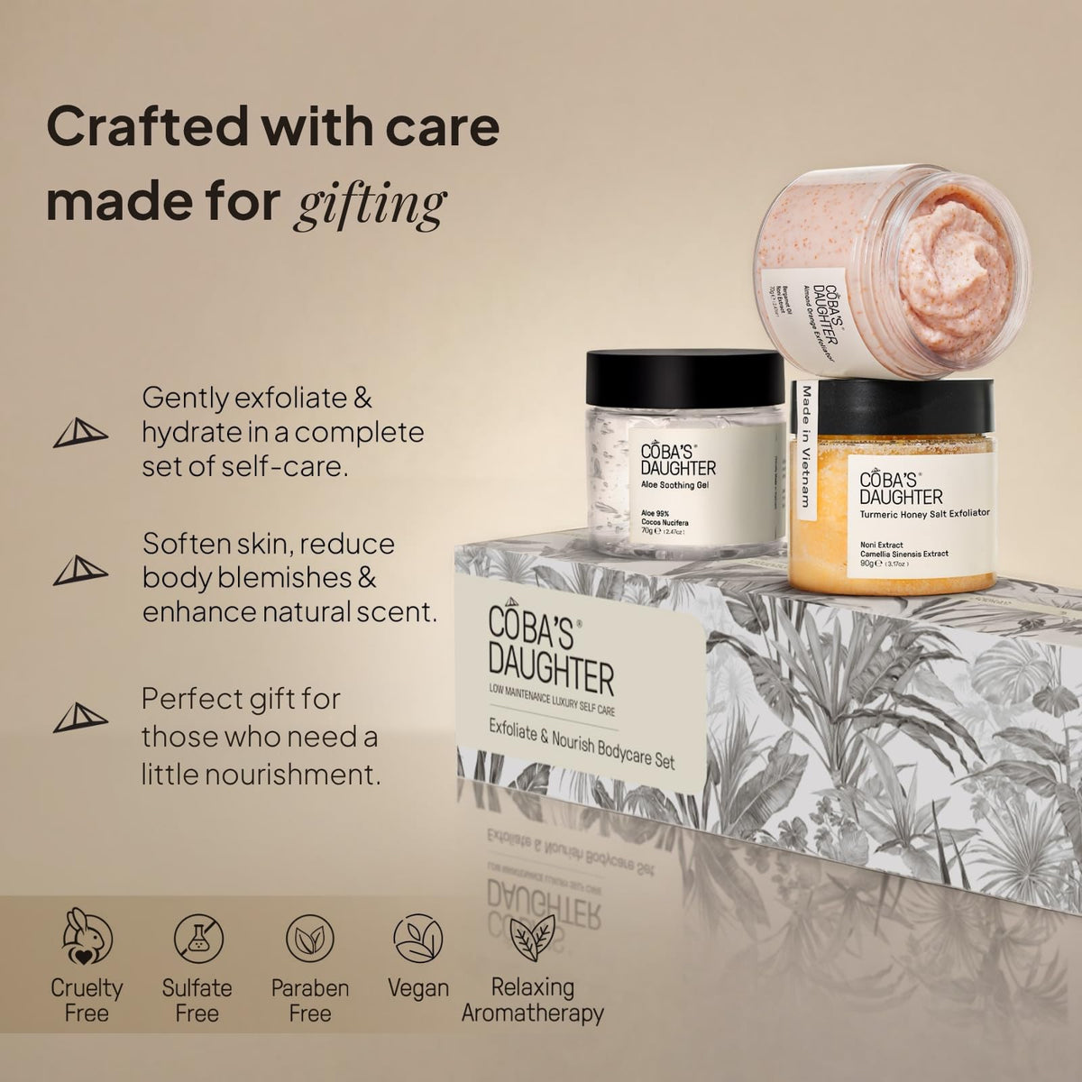 COBAS DAUGHTER coffee scrub for mild exfoliation and smoother skin texture.