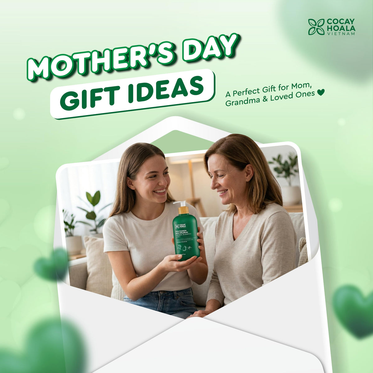 COCAY HOALA VIETNAM bottle close-up highlights Polygonum Multiflorum for nourished-looking hair.