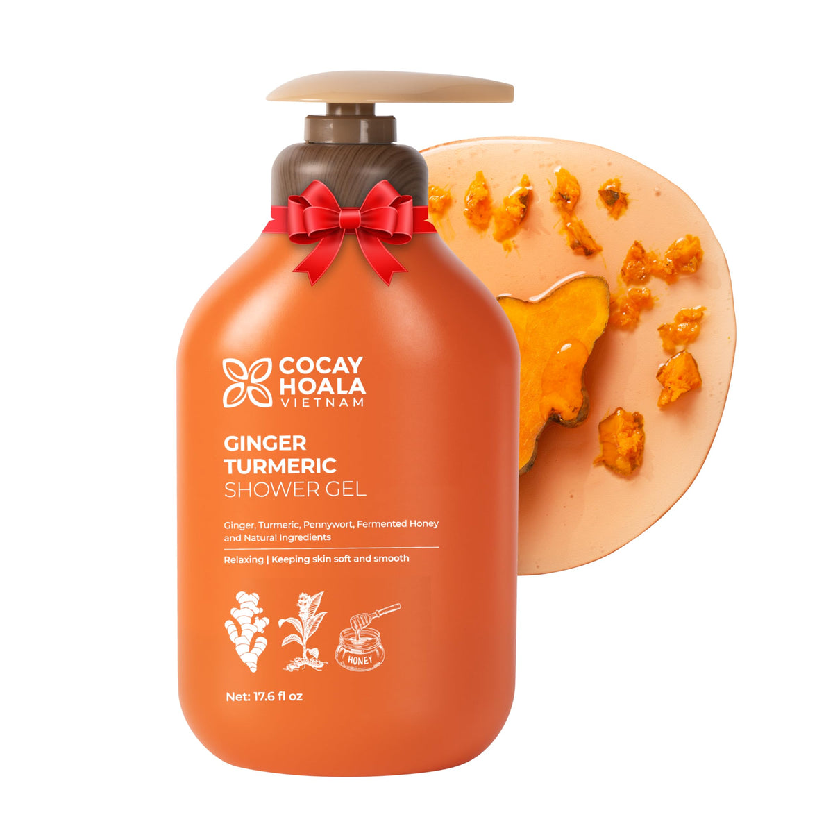 COCAY HOALA VIETNAM turmeric exfoliating body wash bottle pouring for daily gentle cleansing.