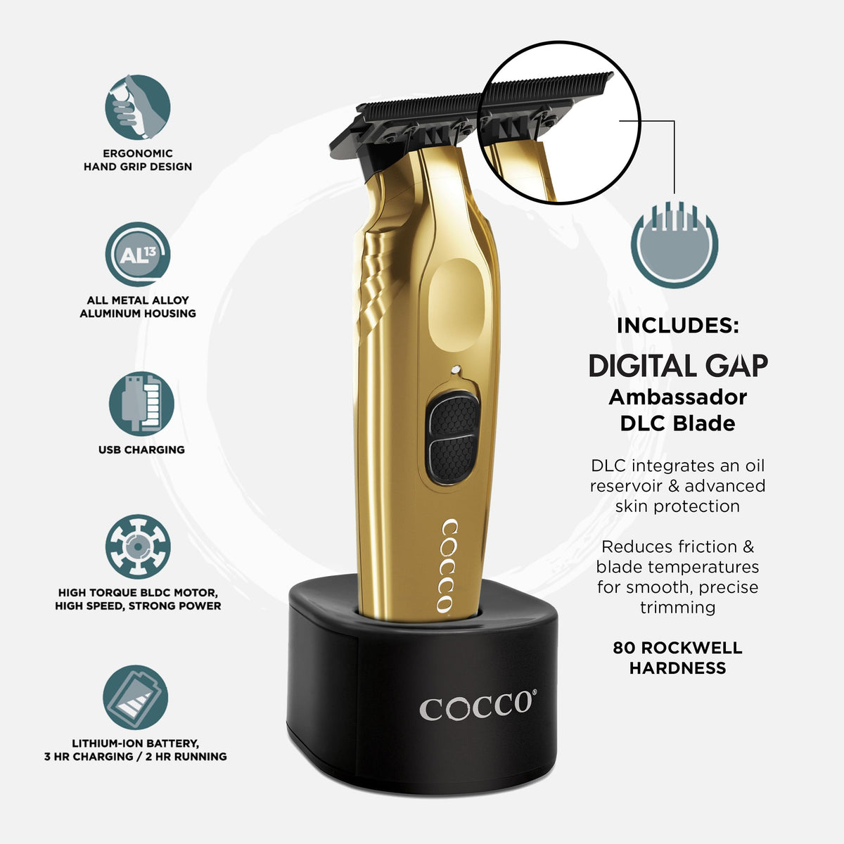 Cocco Veloce Pro Trimmer oil reservoir facilitates easy blade maintenance during sessions.