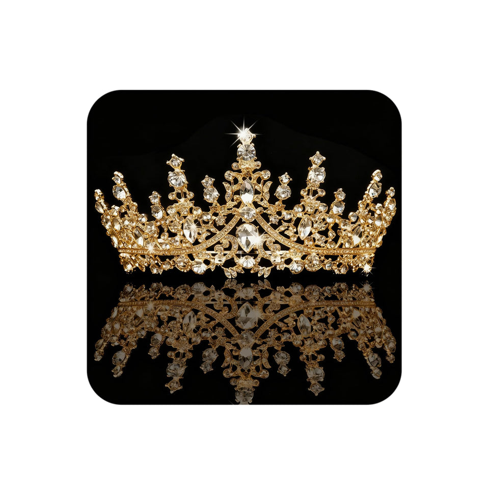 COCIDE Gold Tiara crystal crown front view for bridal shine.