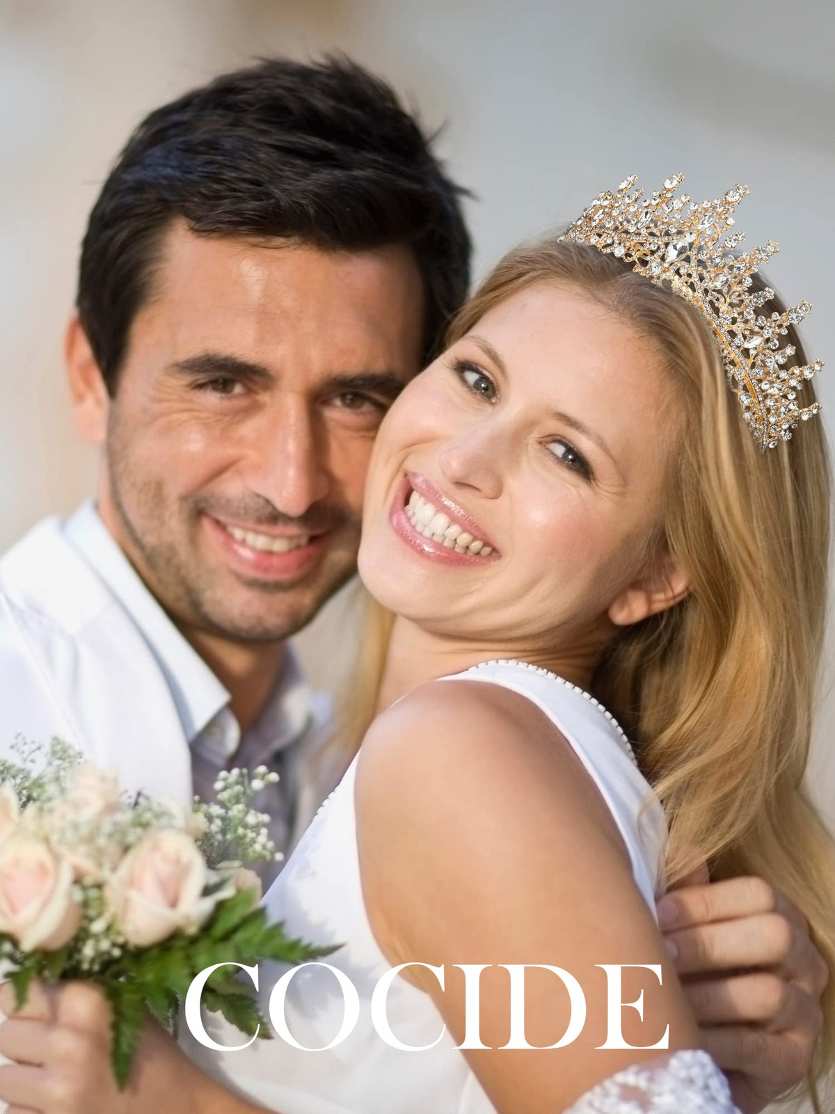 COCIDE Gold Tiara crystal crown side view showing elegant silhouette.