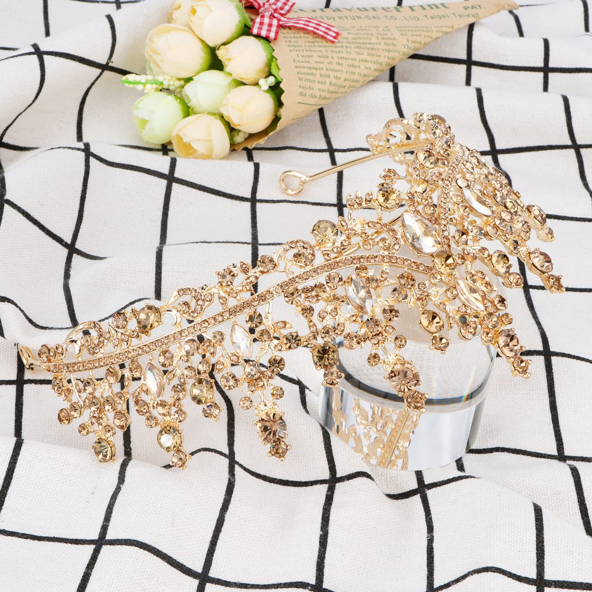 COCIDE Gold Tiara Crown hair-assembly focus shows securing and wearability