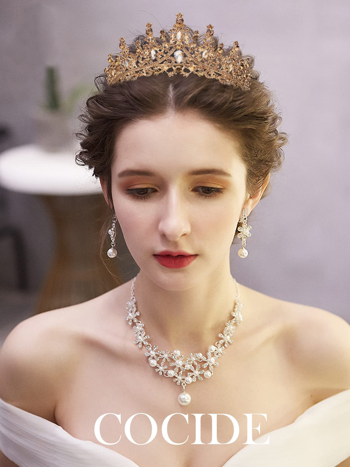 COCIDE Gold Tiara Crown on-model view demonstrates fit with hair