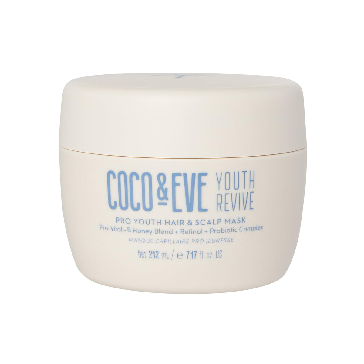 Coco & Eve Pro Youth Mask packaging highlights premium anti-aging hair care for shiny, strong locks.