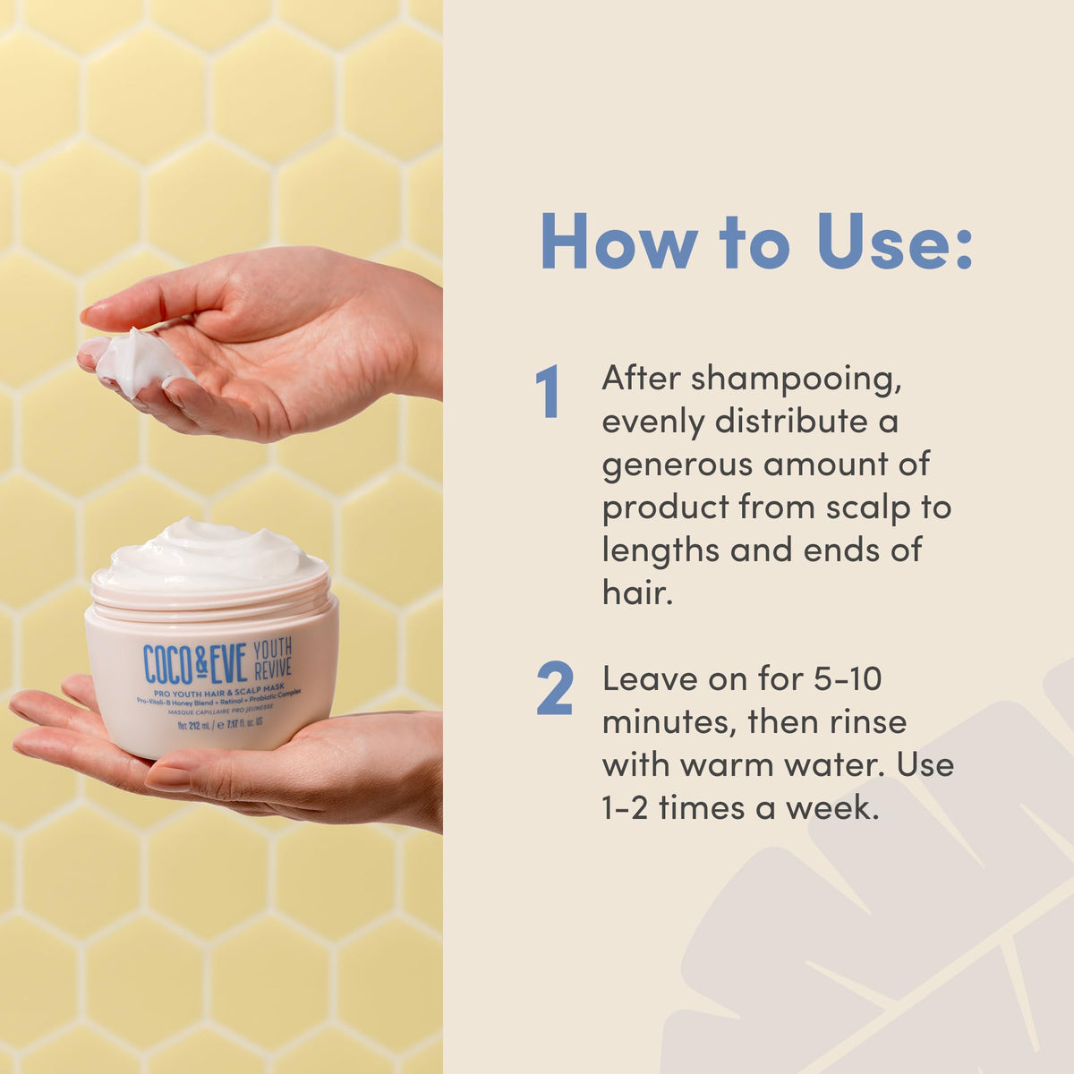 Coco & Eve Pro Youth Mask on scalp image hints dandruff regulation and oil balance.