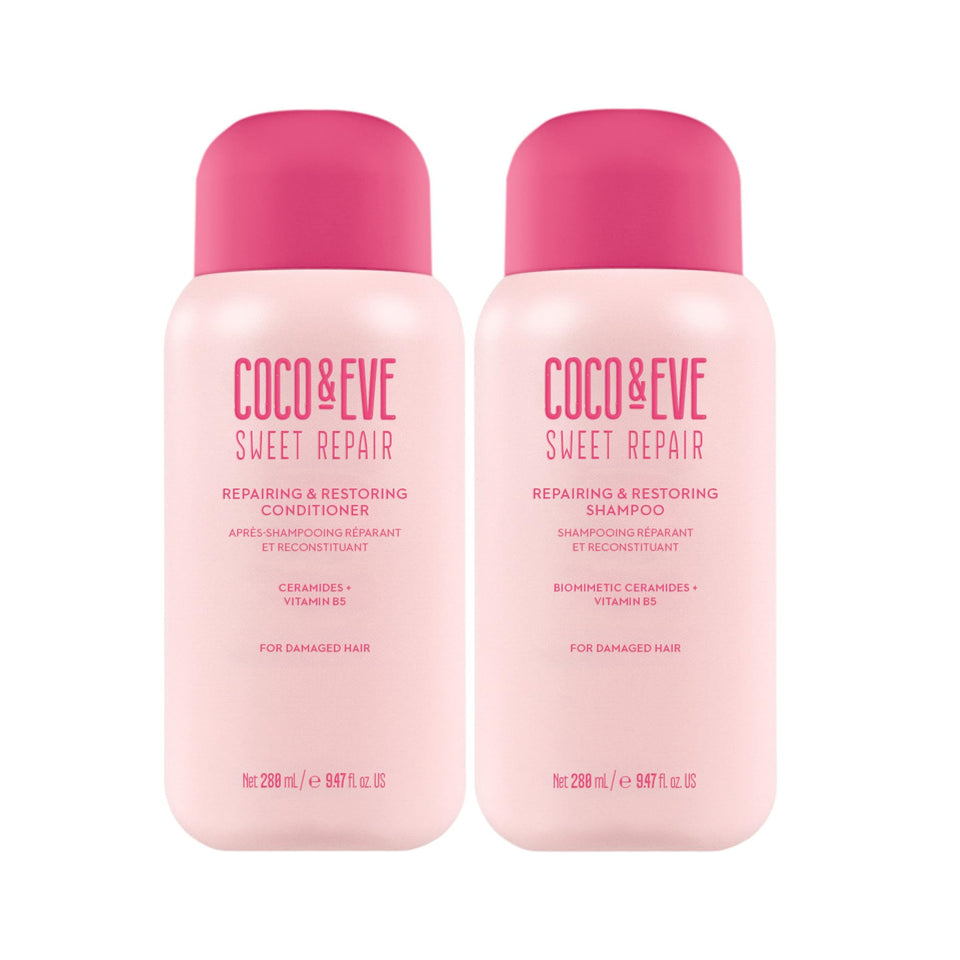 Coco & Eve Repair & Restore shampoo bottles for nourishing cleanse and shine