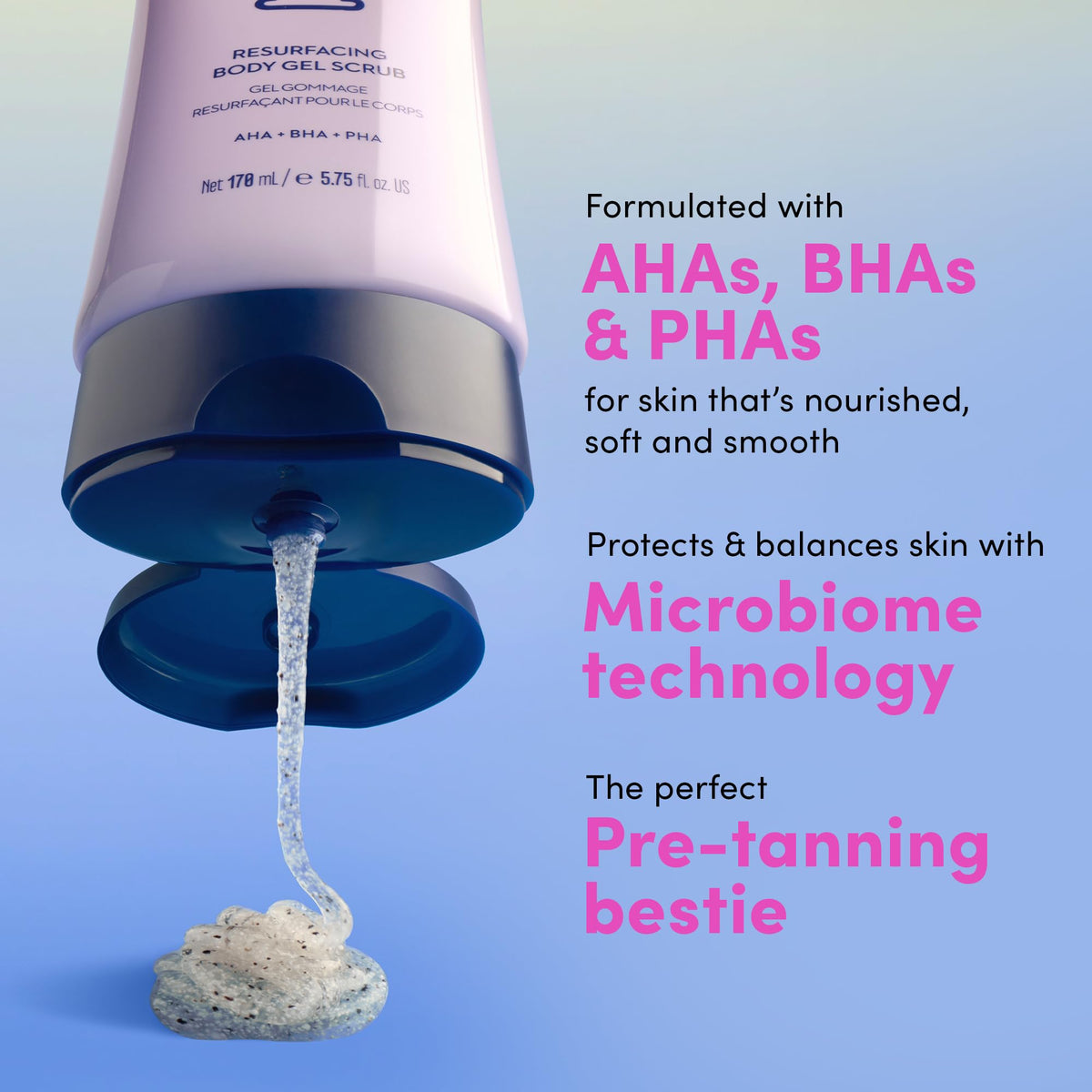 Coco & Eve Resurfacing Body Gel Scrub bottle and ingredients closeup showing AHA/BHA/PHA blend