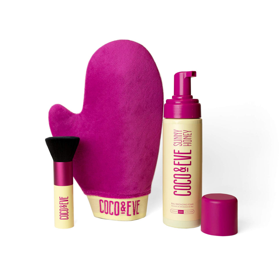 Coco & Eve Sunny Honey Bali Bronzing Foam bottle shows natural color development for sun-kissed glow