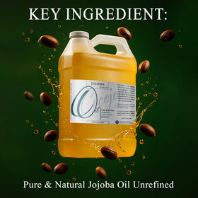 Cocojojo Jojoba Oil bottle being poured highlighting hexane-free and cold-pressed quality