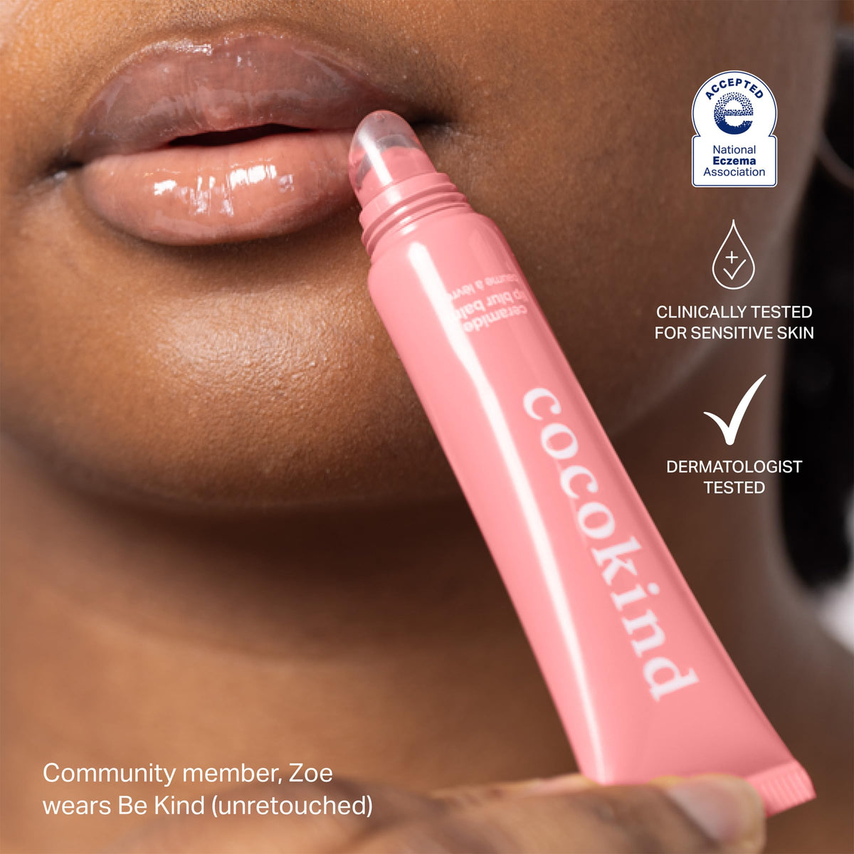 Cocokind Lip Blur Balm Be Kind applying smoothly without fragrance for sensitive lips