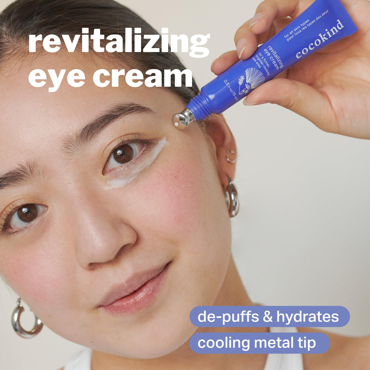 Cocokind Revitalizing Eye Cream with cooling tip depuffs.