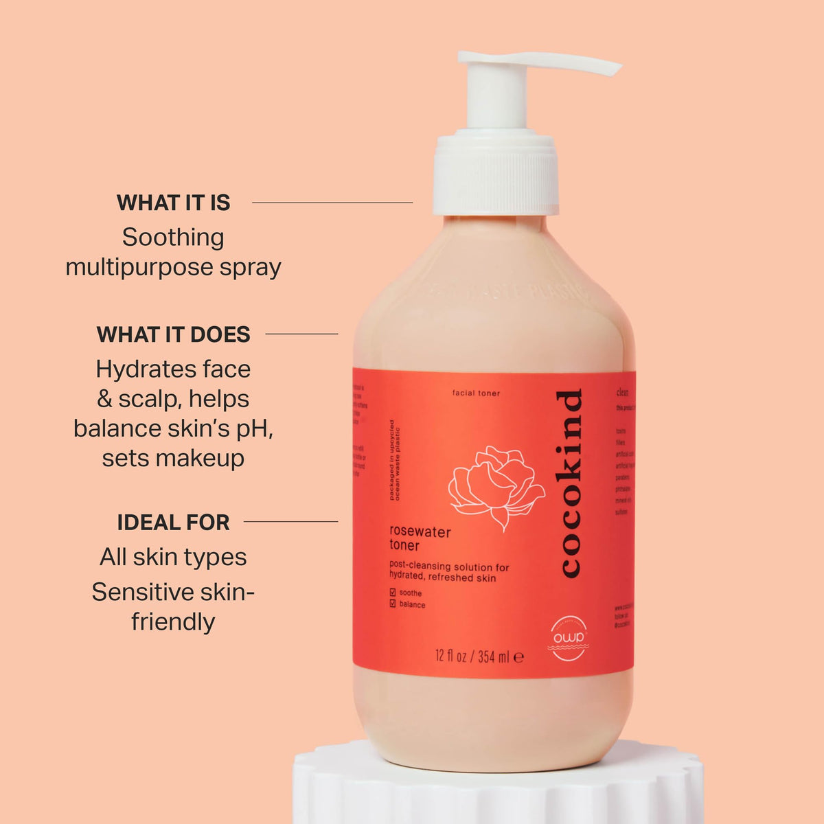 Cocokind packaging shows 12 oz bottle and eco-friendly design