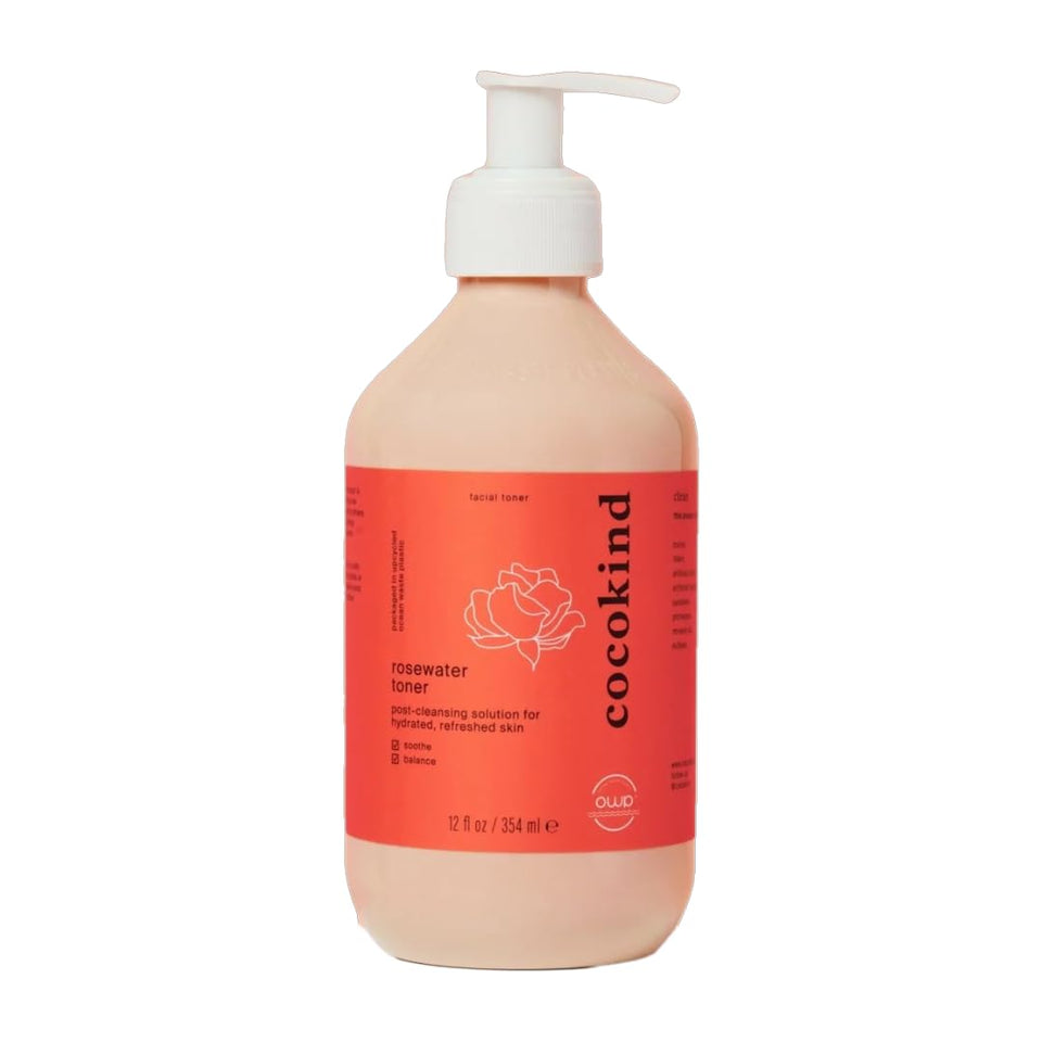 Cocokind Jumbo Rosewater Toner spray on the face for refreshing hydration