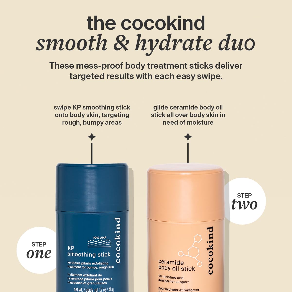 Travel-ready Cocokind KP Smoothing Stick applied to skin for on-the-go care