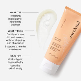 Cocokind Oil to Milk Face Wash transforms to milk when water is added for a creamy cleanse.