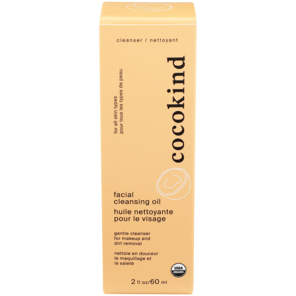 Cocokind Organic Cleansing Oil bottle close-up shows makeup removal capability