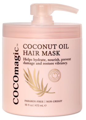 Cocomagic Coconut Oil Hair Mask bottle and packaging highlighting hydration for all hair types