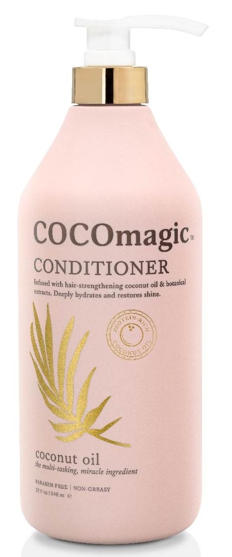 Cocomagic conditioner bottle with coconut oil hydration for healthy hair.