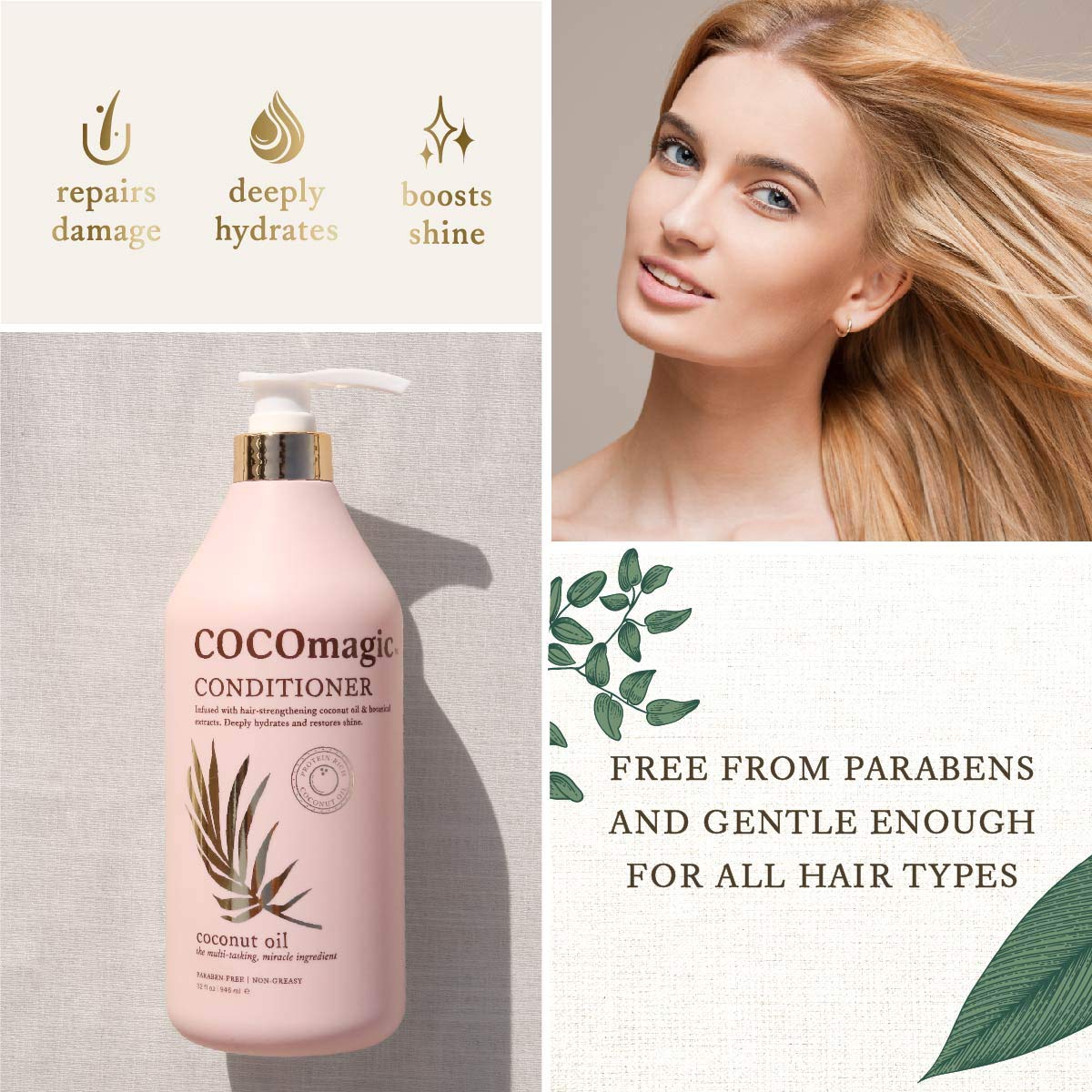 Cocomagic conditioner packaging emphasizes a 32 oz USA-made bottle.