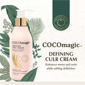 Cocomagic Defining Curl Cream texture close-up shows creamy hydration and frizz control