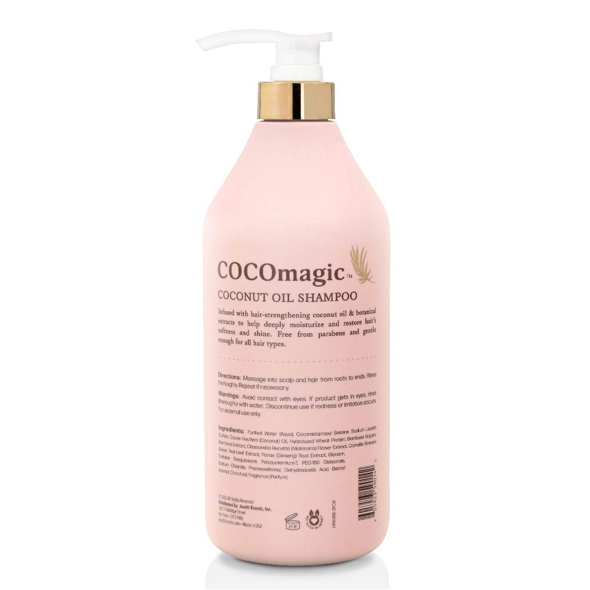 CocoMagic Nourishing Shampoo label closeup highlighting paraben free USA made quality