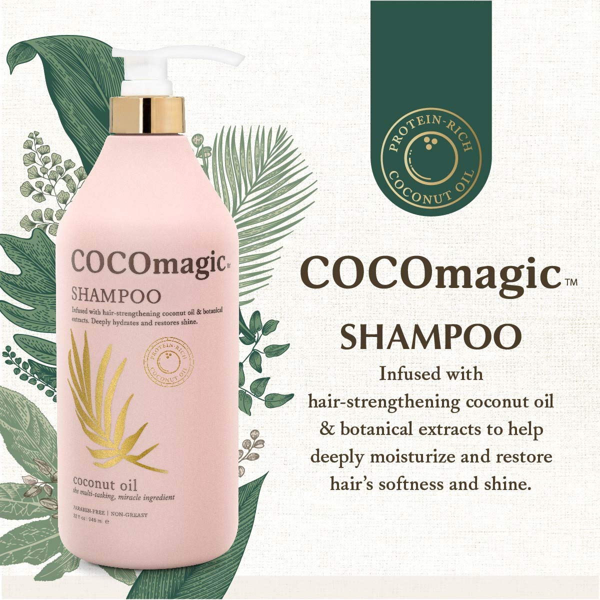 Pouring CocoMagic Nourishing Shampoo bottle demonstrates rich lather and moisturizing feel