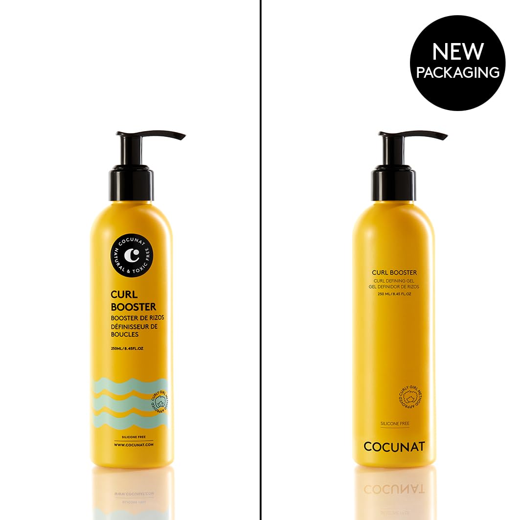 Texture close-up of COCUNAT Curl Booster Gel showing smooth, defined curls.