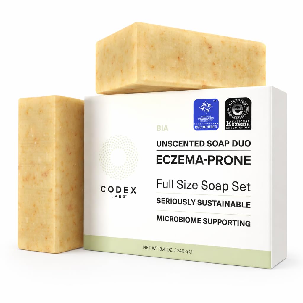 Codex Labs Eczema Soap unsented 2-pack bottle demonstrates gentle cleansing for sensitive skin