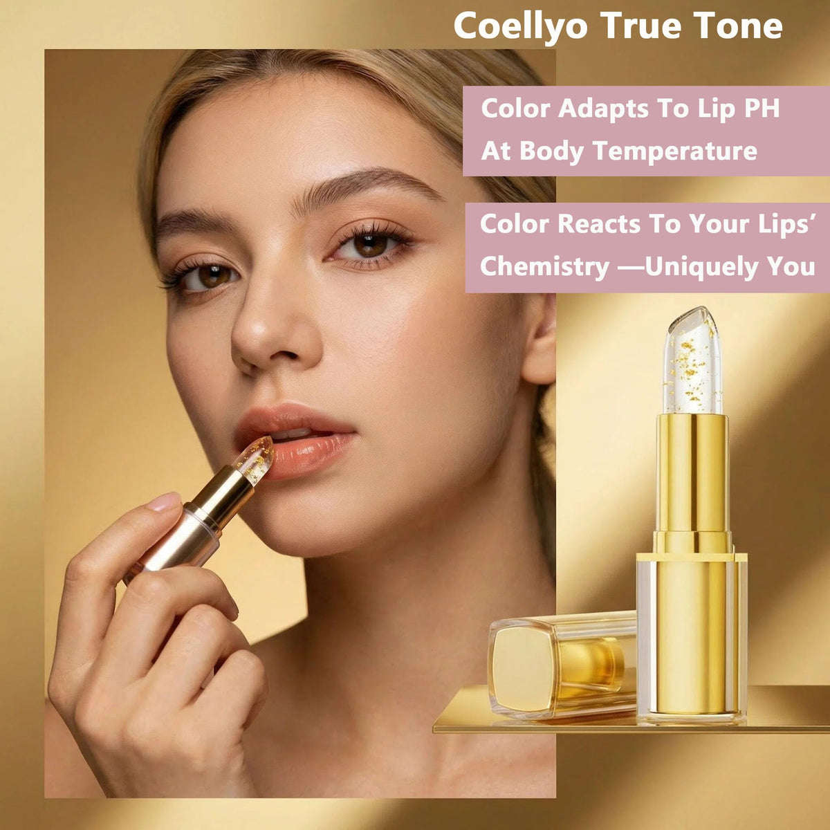 Close-up of Coellyo True Tone adapting lip color to your pH.