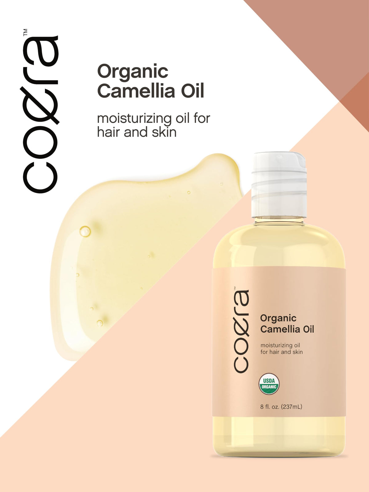 Coera Camellia Seed Oil glass bottle on shelf suggests minimalist care.