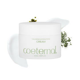 Coeternal Calming Hydration Cream bottle closeup showing soothing, breathable moisture for sensitive skin.