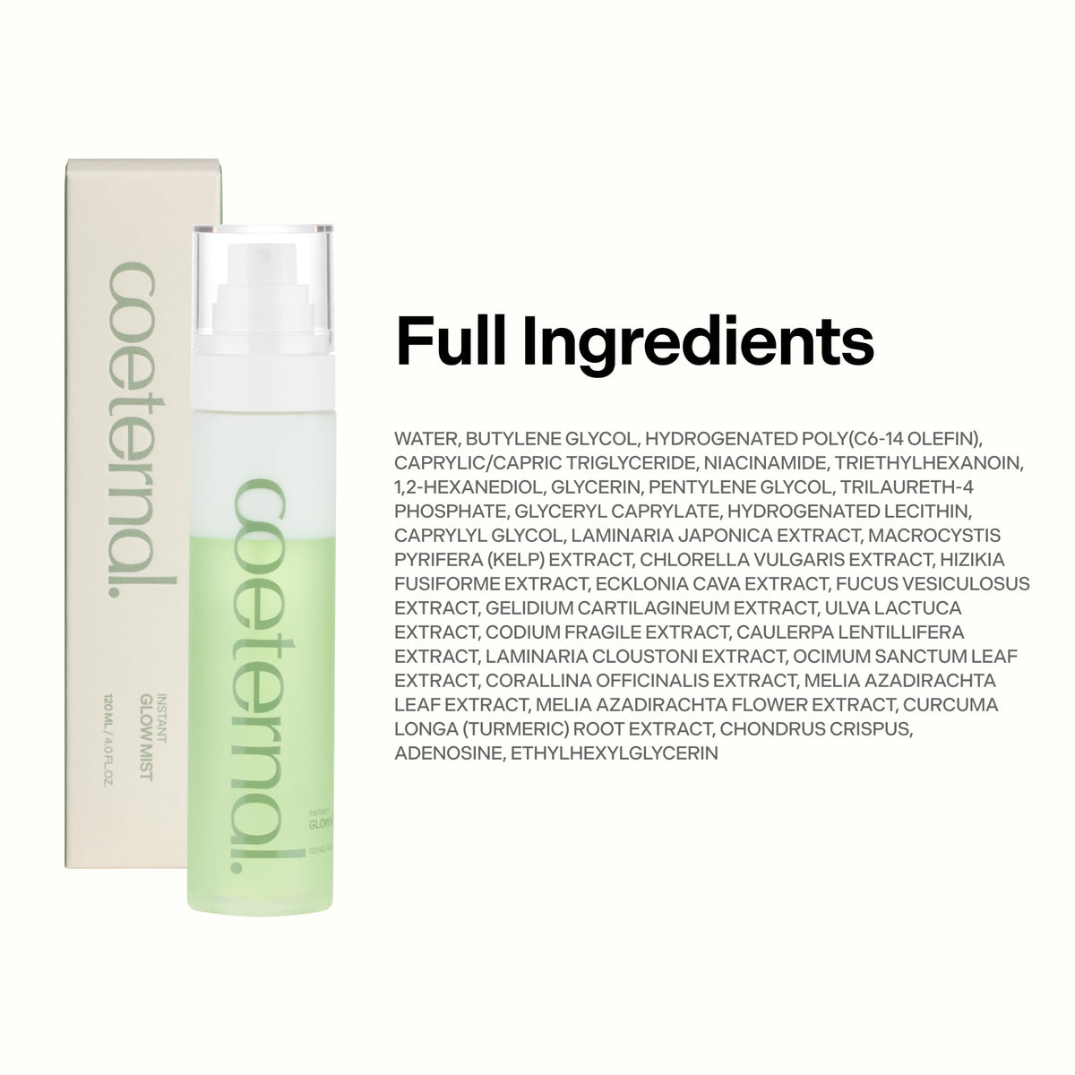 Coeternal Instant Glow Mist packaging and bottle on display for premium skincare rituals.