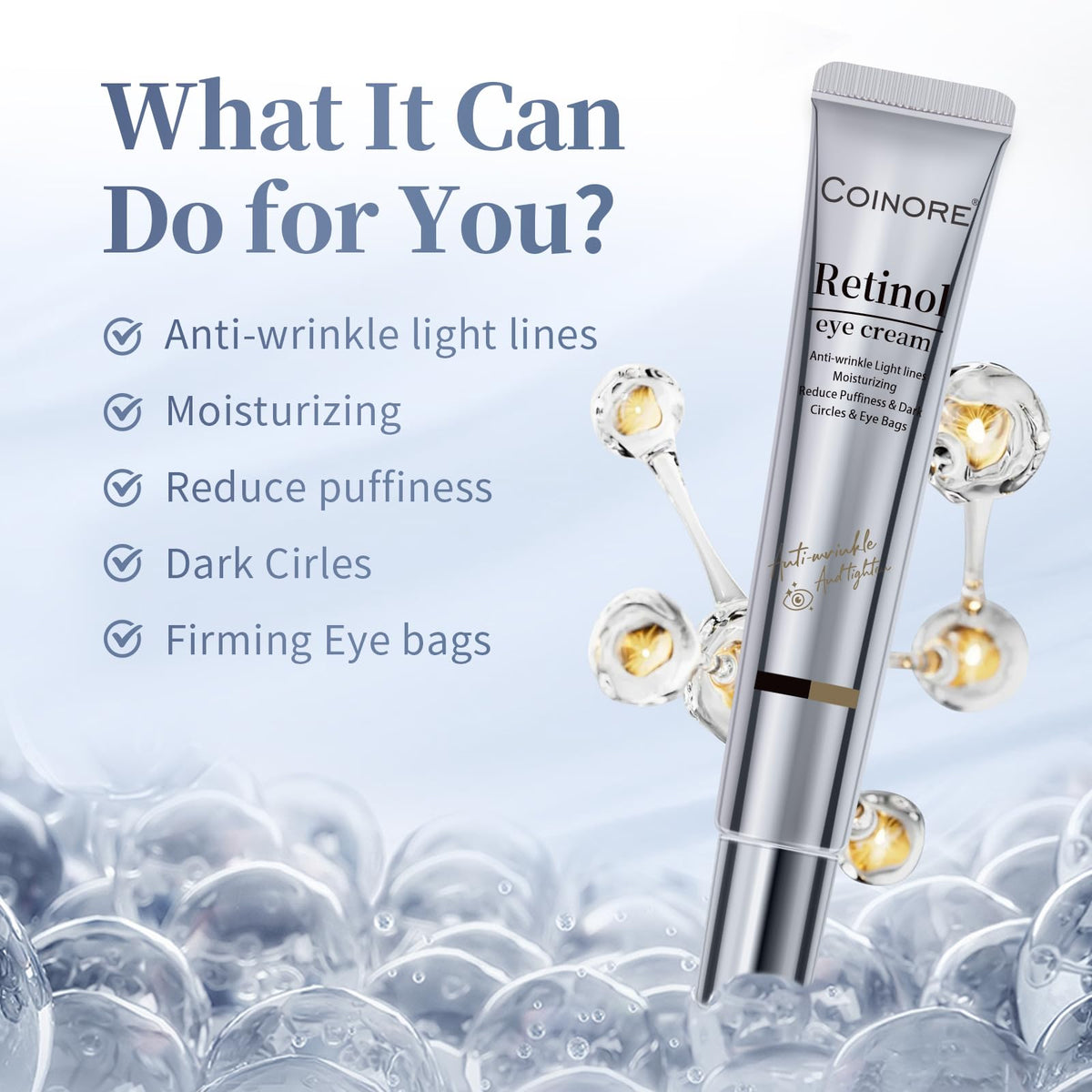Coinore Retinol Under Eye Cream dispensing pump demonstrates easy, non-greasy application.