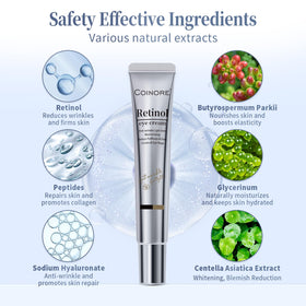 Coinore Retinol Under Eye Cream with rosemary extract visible ingredient highlight benefits.