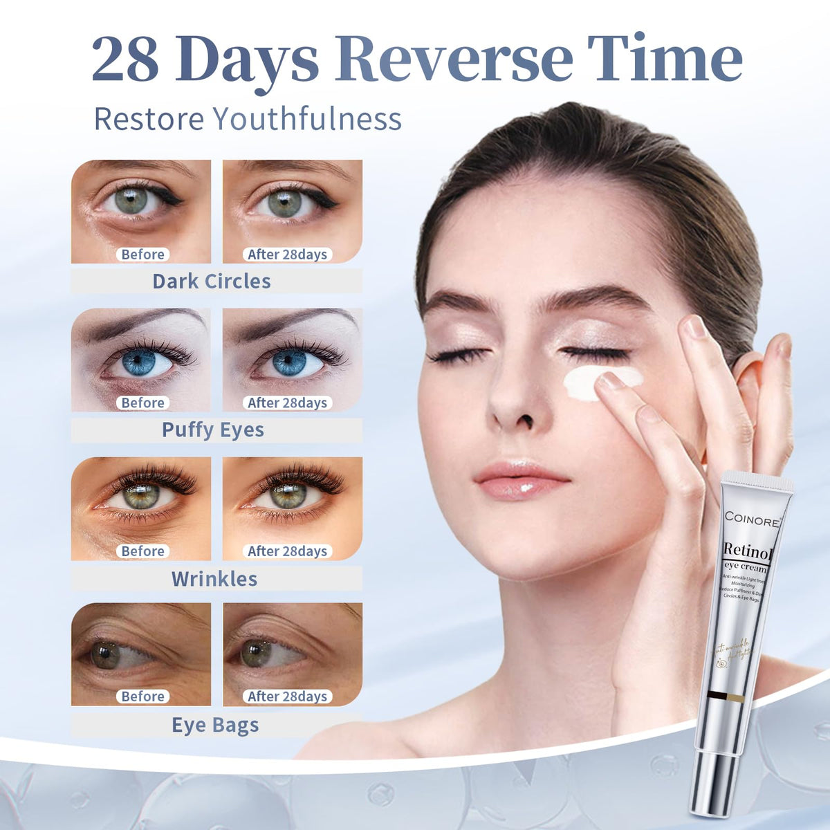 Coinore Retinol Under Eye Cream texture on skin offers instant hydration and softness.