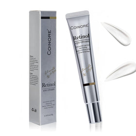 Coinore Retinol Under Eye Cream tube closeup, smooth texture for refreshed under-eye area.