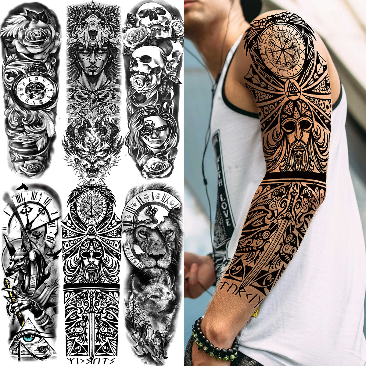 COKTAK full-arm sleeve tattoos with dramatic patterns for bold style.