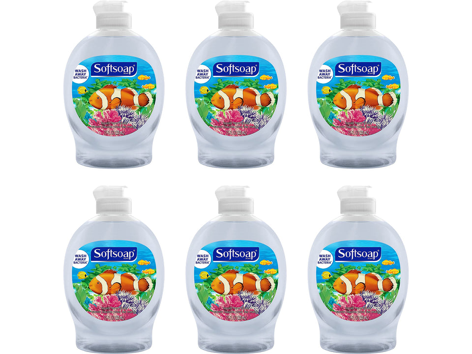 Colgate Softsoap Aquarium Series bottle close-up with clear liquid and fresh scent.