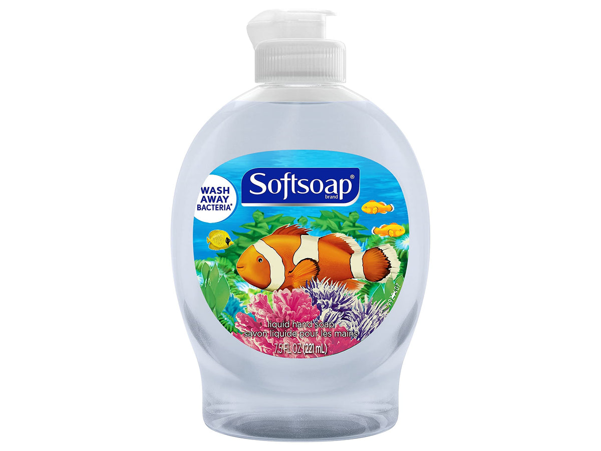 Softsoap Aquarium Series label on dispenser, bulk six-pack for family use.