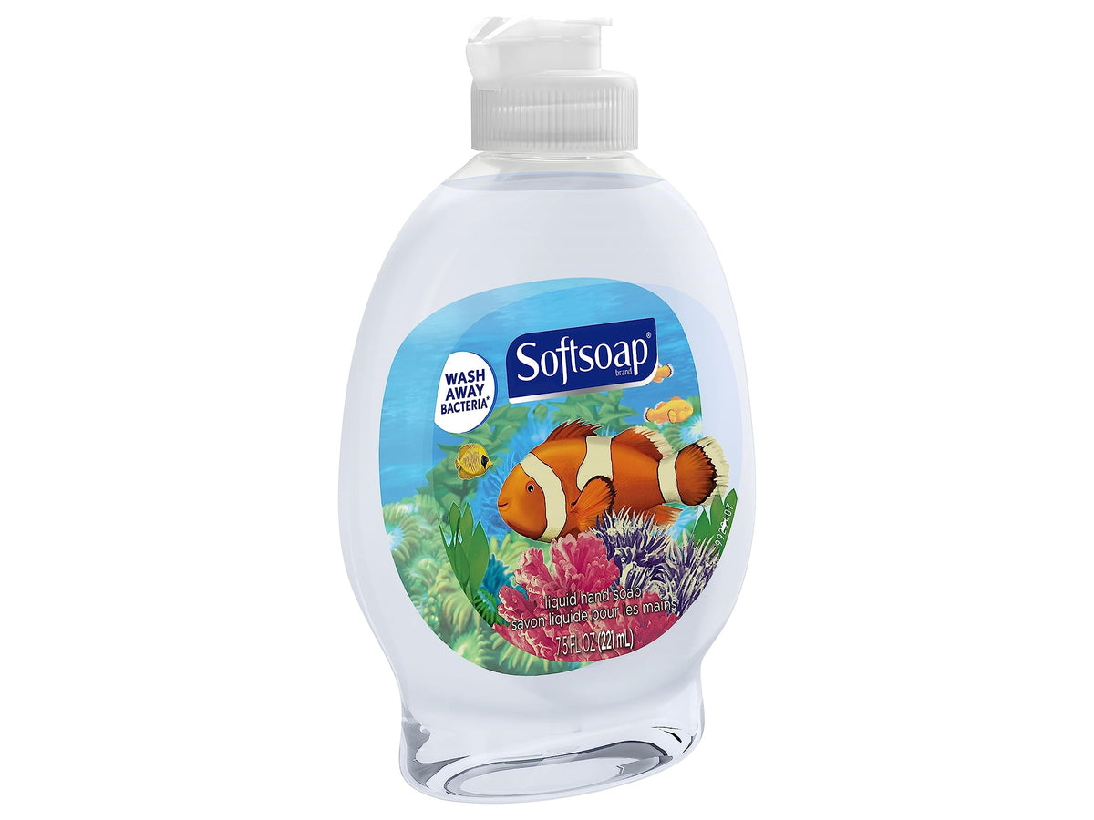 Aquarium-inspired dispenser pump and bottle on sink, supports quick handwashing.