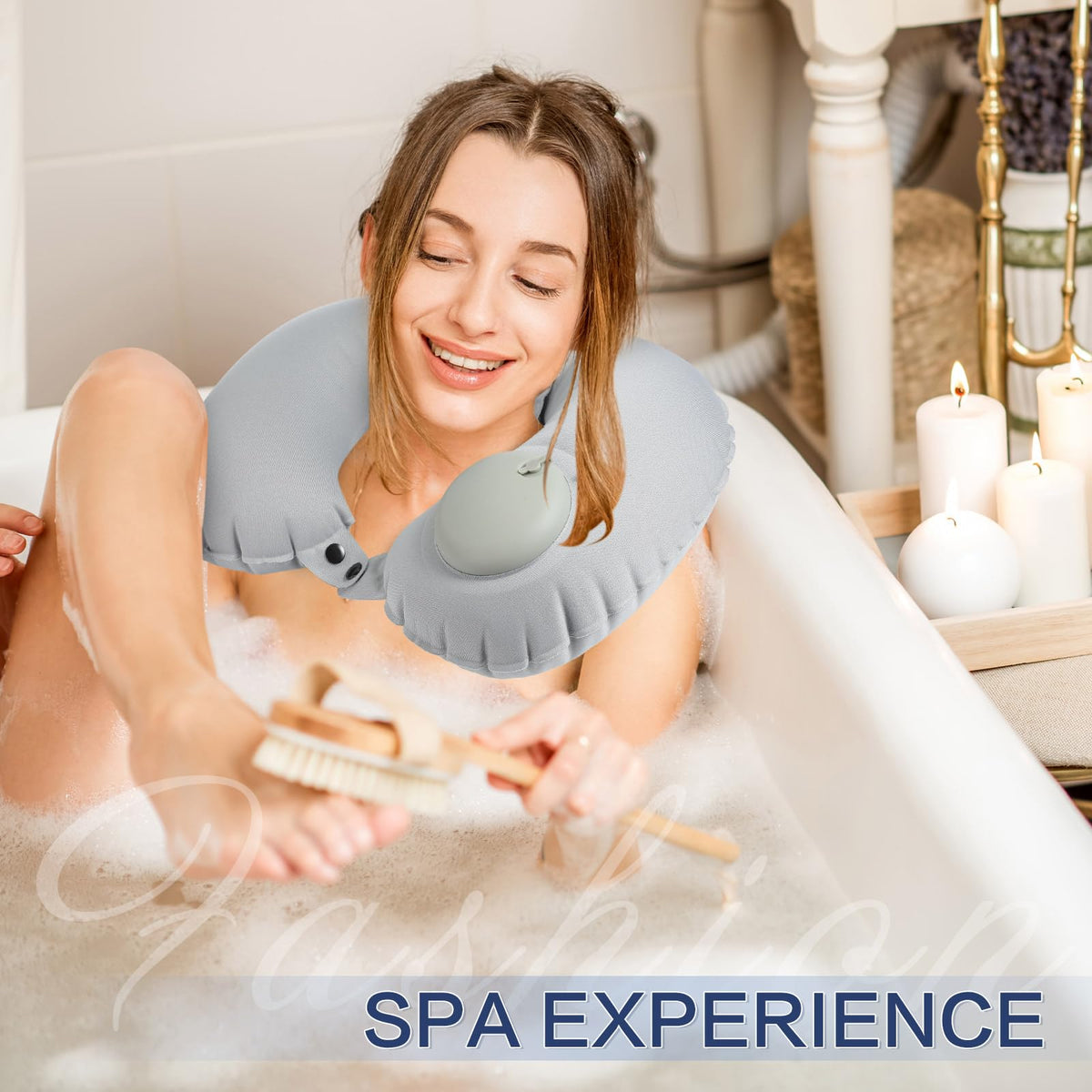 Colingmill bath pillow in use in tub providing full-body support during bath.