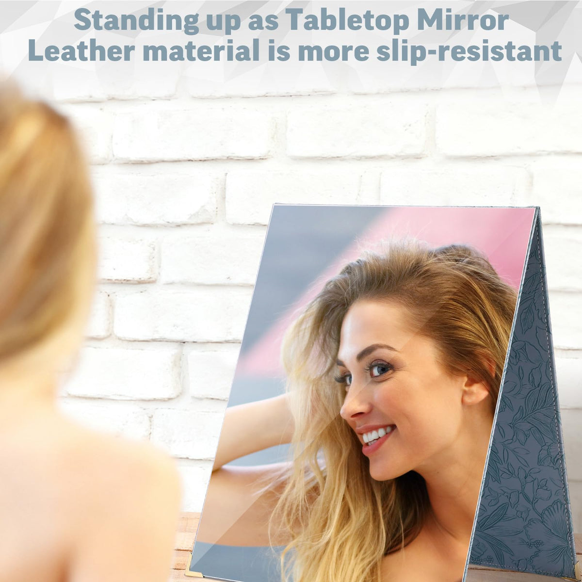 Colingmill handle detail on blue backstage mirror for easy positioning.