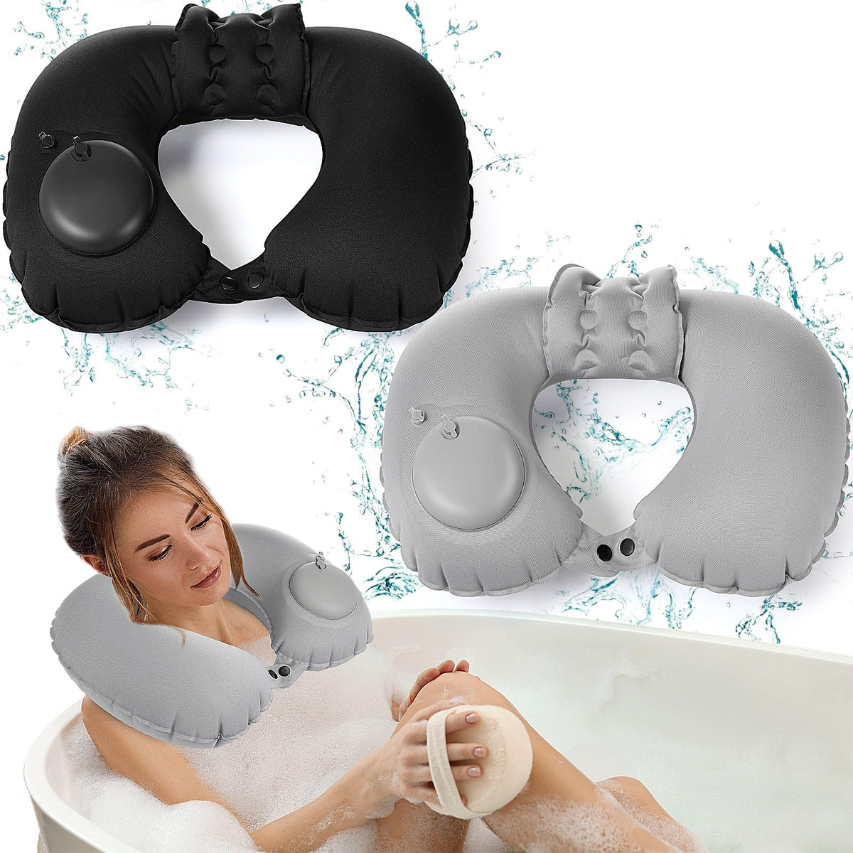 Colingmill inflatable bath pillow in grey, semicircular, two-pack for relaxing soaks.